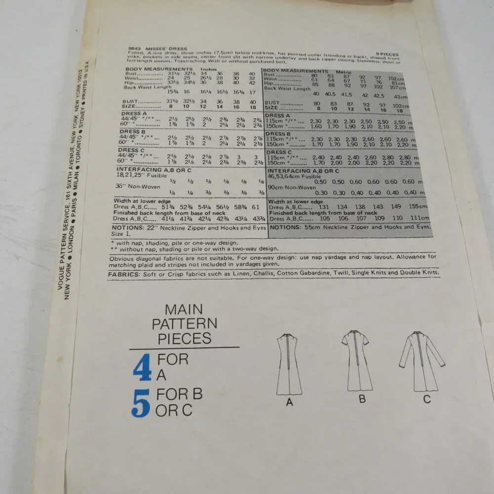 Vogue 9843 clothing pattern EASY Dress size 12 pointed collar